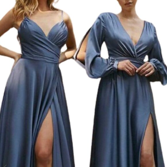 NWT Ladivine 7485 Satin Prom Dress Smoky Blue Size 8 - Picture 1 of 5